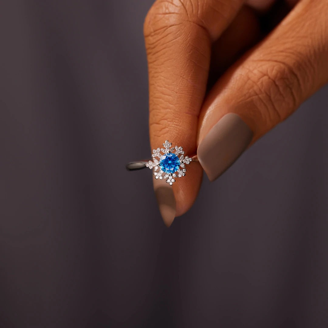 Women's Sterling Silver Snowflake Ring With Diamond Zircon Fashion