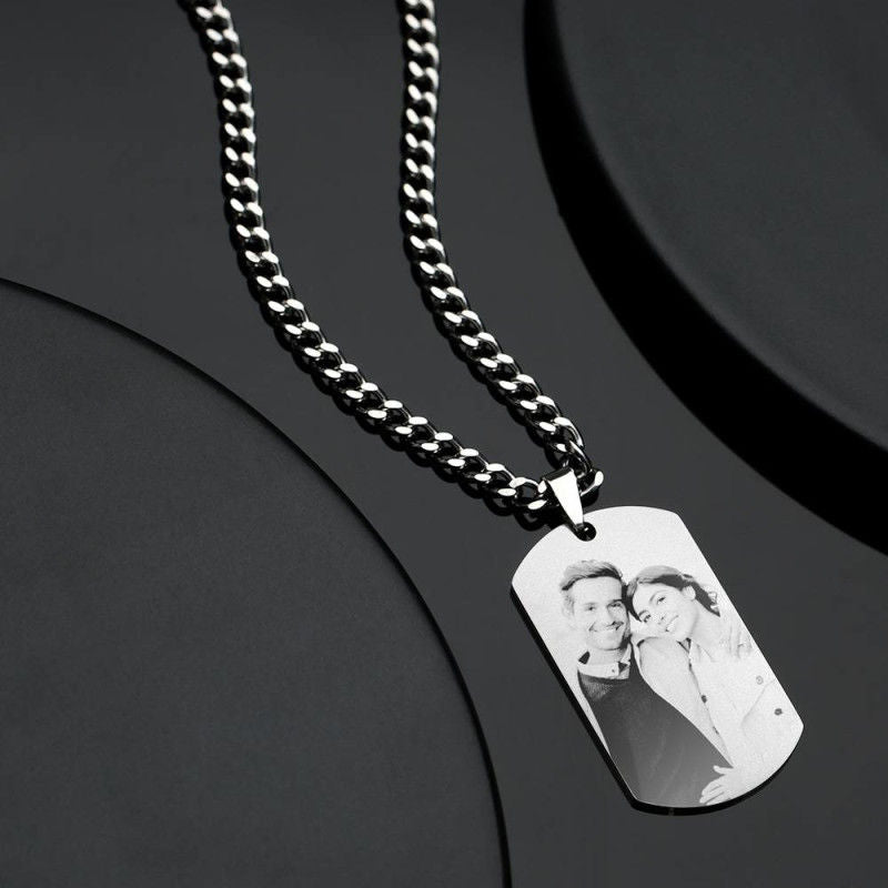Men's Engraved Photo Silver Necklace