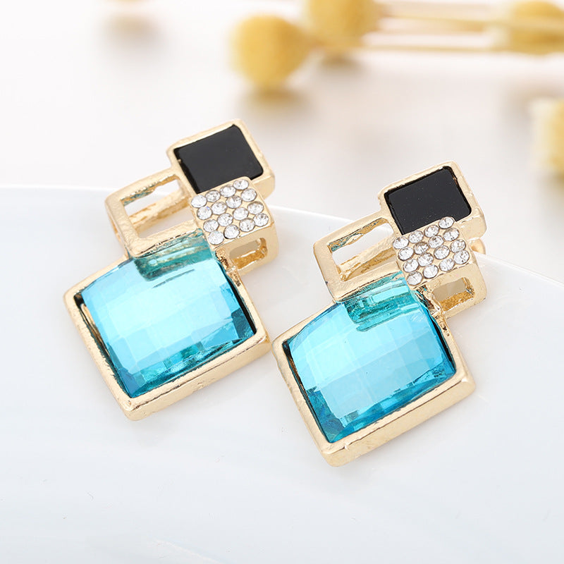 Square Glass Crystal Inlaid Pendant Jewelry Set