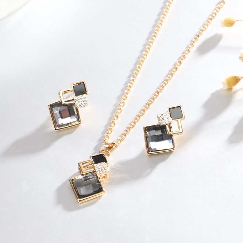 Square Glass Crystal Inlaid Pendant Jewelry Set