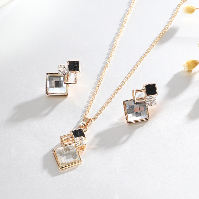 Square Glass Crystal Inlaid Pendant Jewelry Set