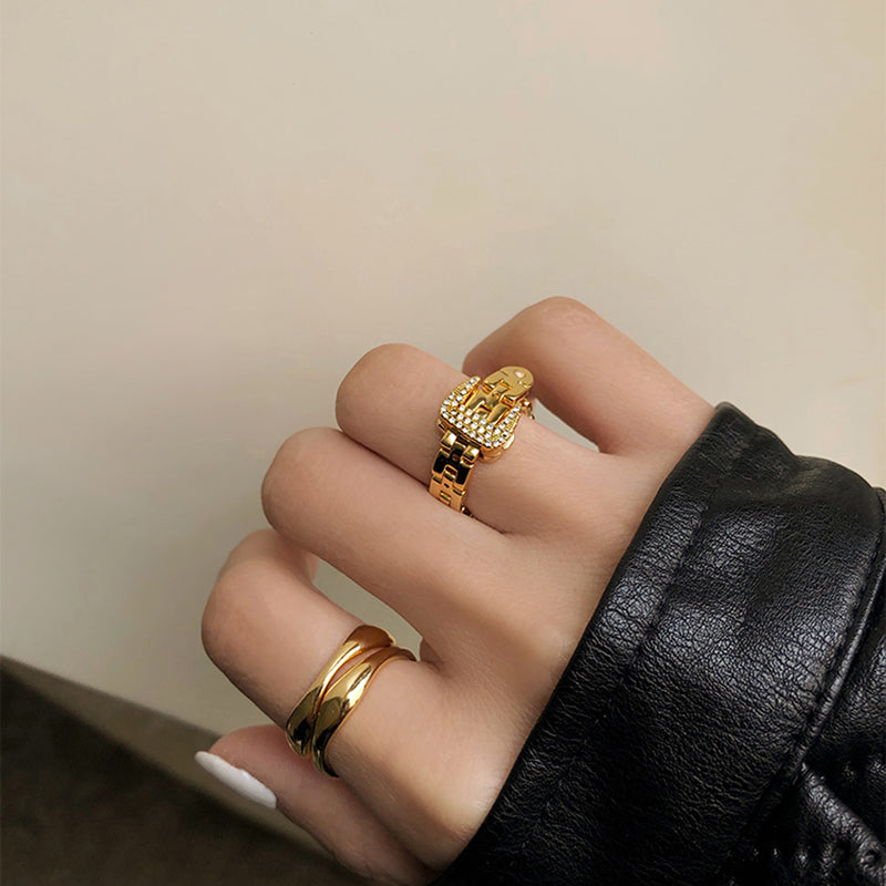 Adjustable Belt Buckle Zircon Ring for women