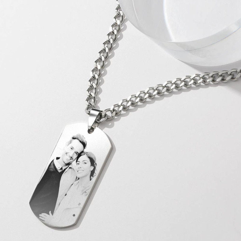 Men's Engraved Photo Silver Necklace