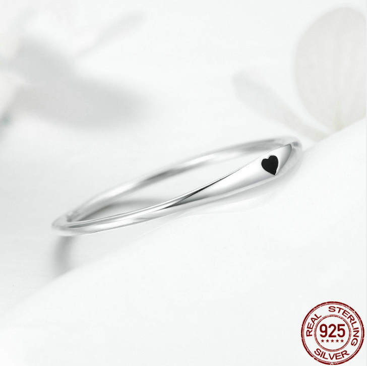 Pure Silver Ring for Women Black Heart Engraved
