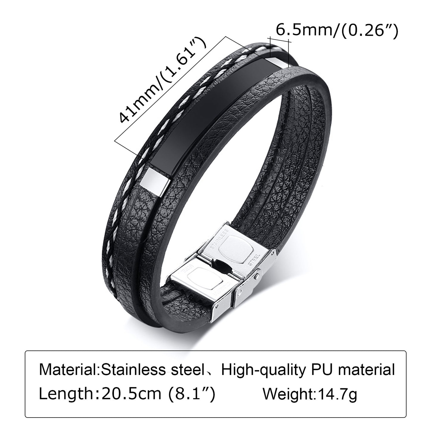 Glossy Stainless Steel Custom Leather Bracelets