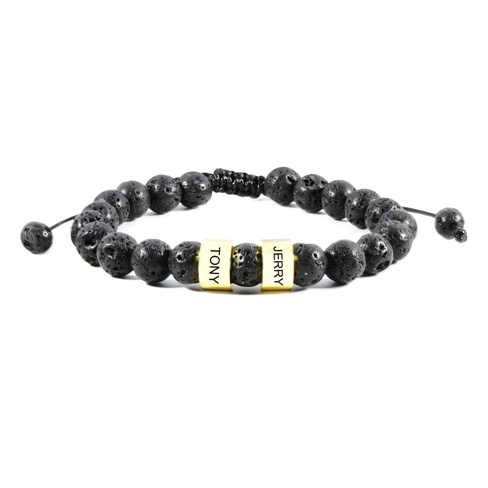Stainless Steel Bead Bracelet Adjustable Black Lava Stone
