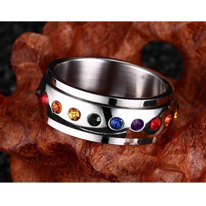 Rotating Spinner Ring for Women Rainbow Crystal Stone Stainless Steel