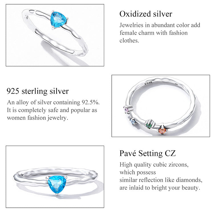925 Sterling Silver Simple Blue Triangular Zirconium Ring