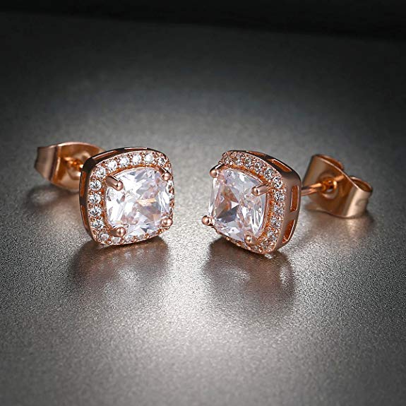 Rose Plated 4 Pack Set: Circle & Square Halo Stud Earrings