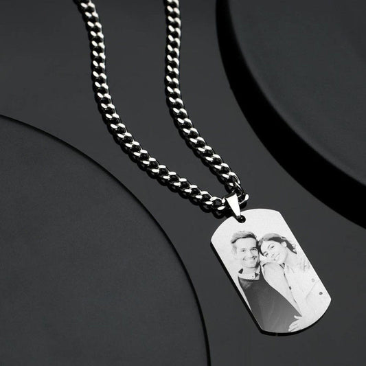 Men's Engraved Photo Silver Necklace