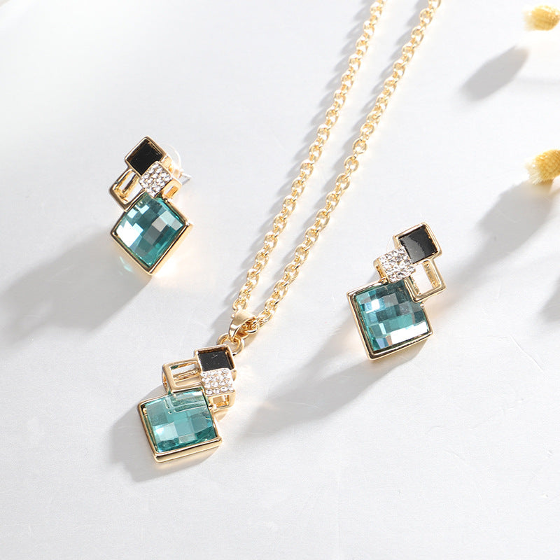 Square Glass Crystal Inlaid Pendant Jewelry Set