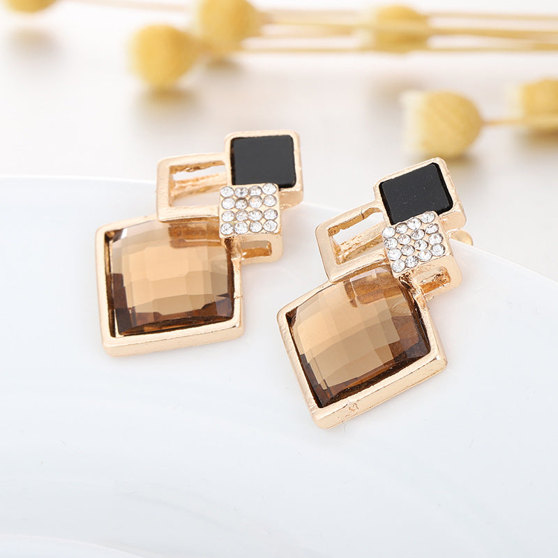 Square Glass Crystal Inlaid Pendant Jewelry Set