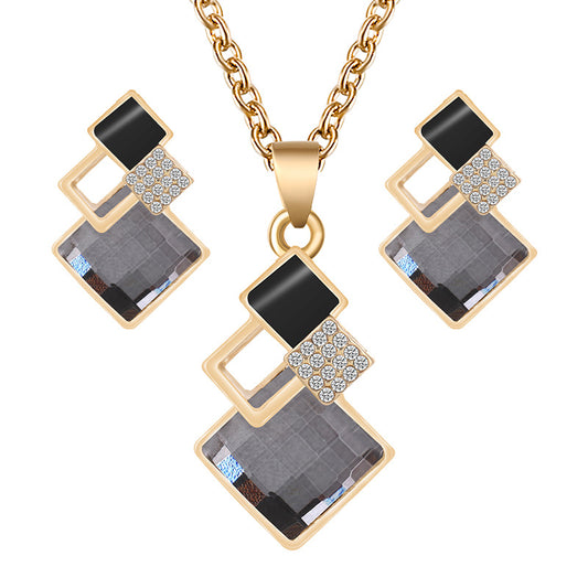 Square Glass Crystal Inlaid Pendant Jewelry Set