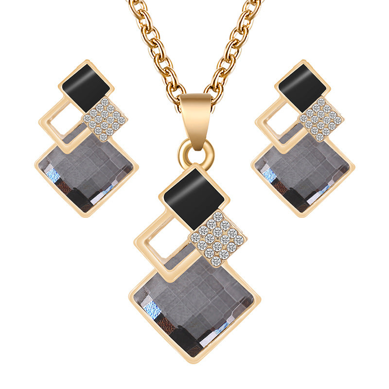 Square Glass Crystal Inlaid Pendant Jewelry Set