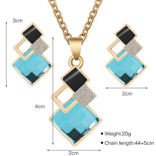 Square Glass Crystal Inlaid Pendant Jewelry Set