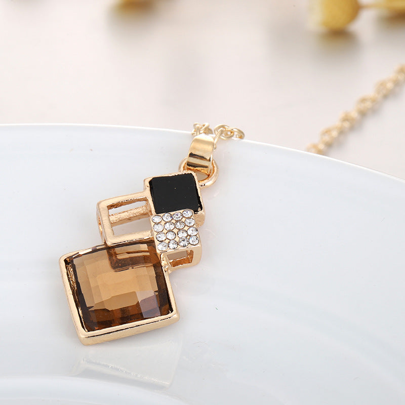 Square Glass Crystal Inlaid Pendant Jewelry Set