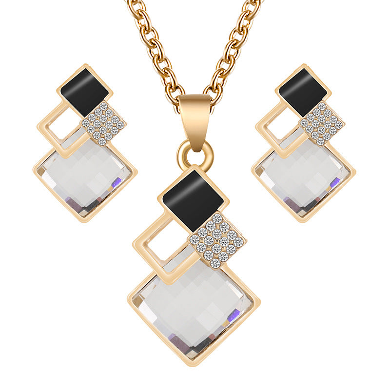 Square Glass Crystal Inlaid Pendant Jewelry Set