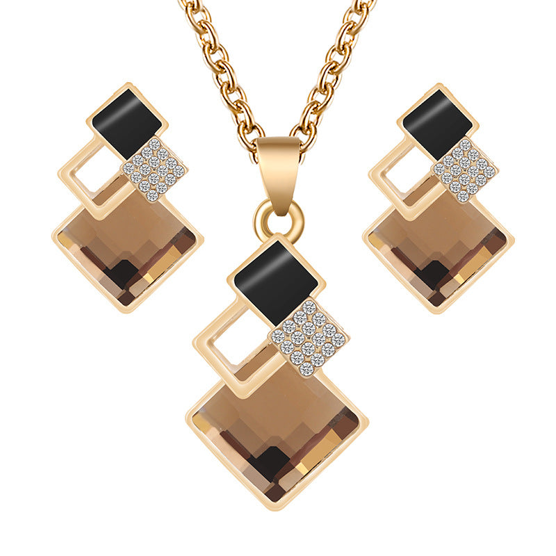 Square Glass Crystal Inlaid Pendant Jewelry Set