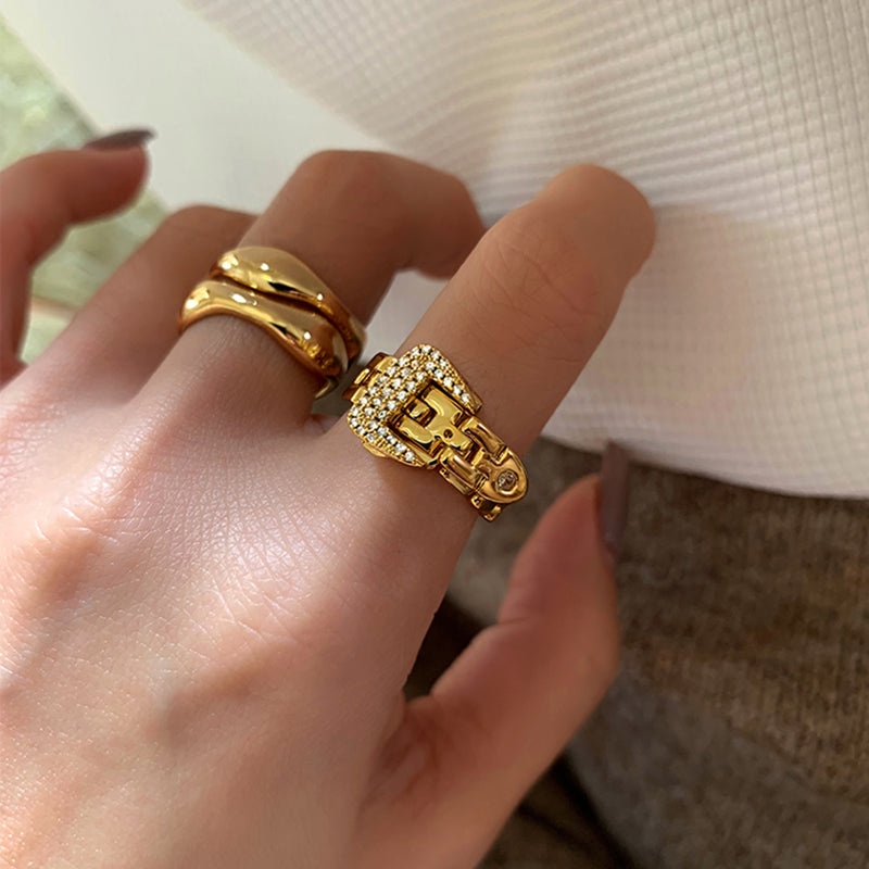 Adjustable Belt Buckle Zircon Ring gold