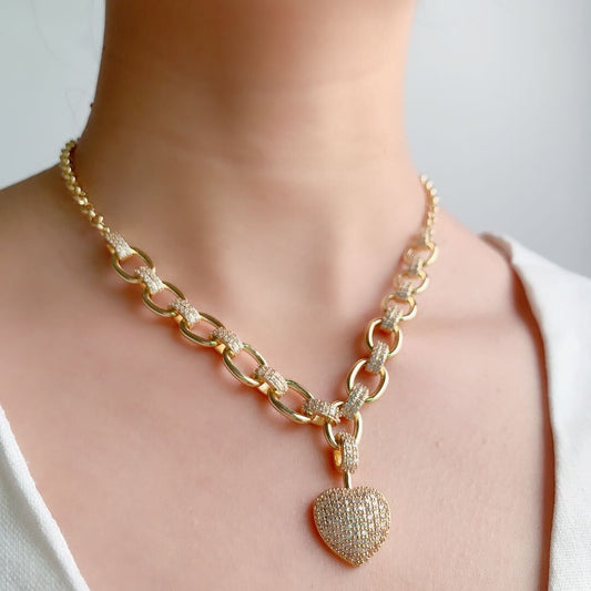 Set Hip-Hop Temperament Golden Heart-Shaped Necklace