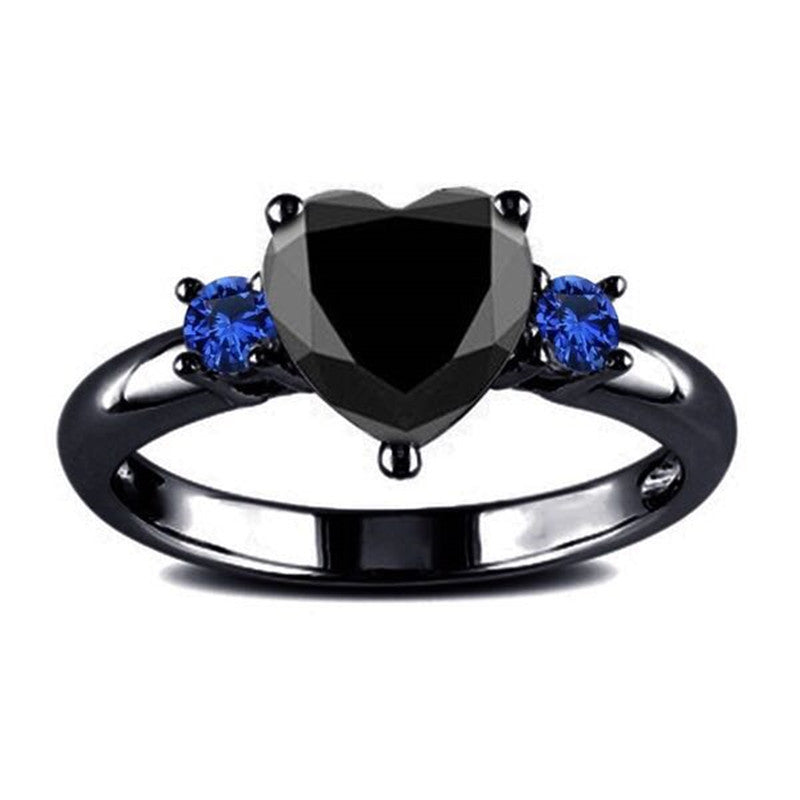 Black Heart Gemstone Ring For Wedding blue side stone 