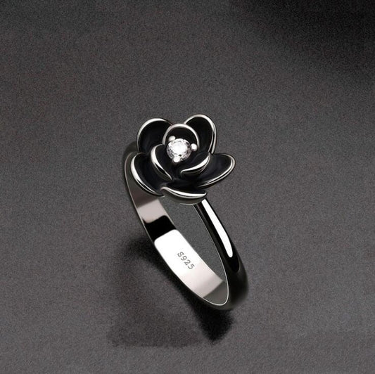 Unique sterling silver rings for women Black rose