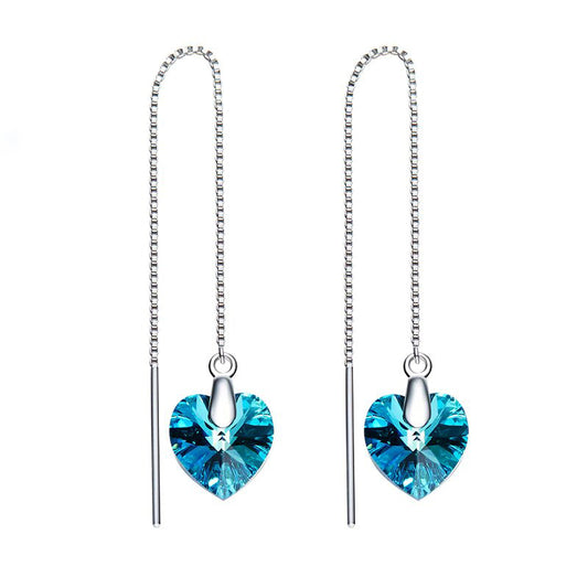 18K White Gold Plating Blue Heart Threader Drop Earrings