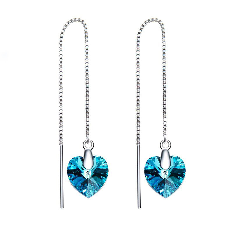 18K White Gold Plating Blue Heart Threader Drop Earrings