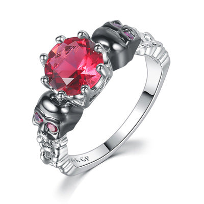 Vintage Black gold Skull Ring inlaid zircon red