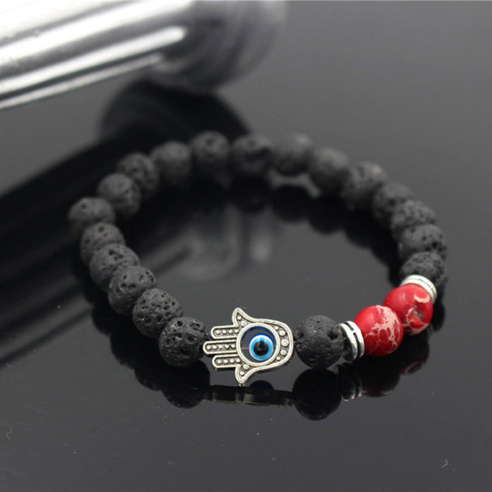 Lava Volcanic Stone Red Pine Beads Bracelet Hand Of Fatima