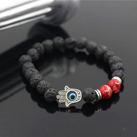 Lava Volcanic Stone Red Pine Beads Bracelet Hand Of Fatima