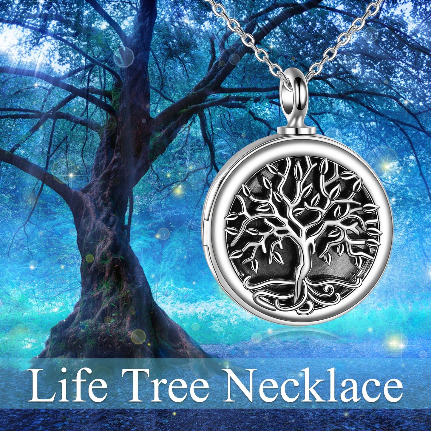 Sterling Silver Retro Tree of Life Photo Locket Urn Necklace