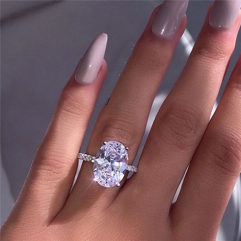 Platinum Plated Zircon Stone Ring Oval Shape large stone