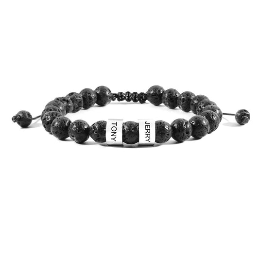 Stainless Steel Bead Bracelet Adjustable Black Lava Stone