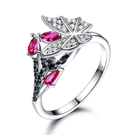 Unique Butterfly Ring With Rubies And Black Spar