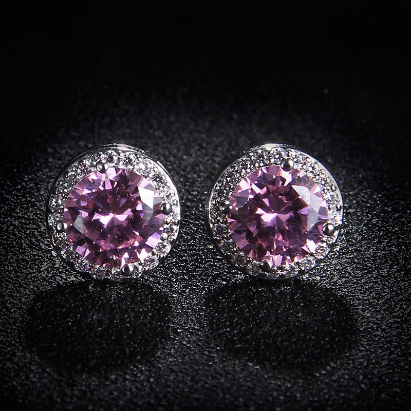 Round Sapphire Blue Red Stud Earrings AAA Zircon Inlaid Jewelry