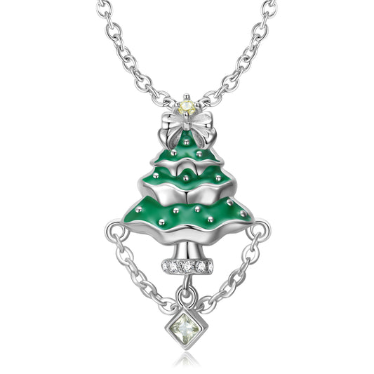 S925 Sterling Silver Gel Drop Christmas Tree Pendant Necklace Green Delicate Ins Style Necklace