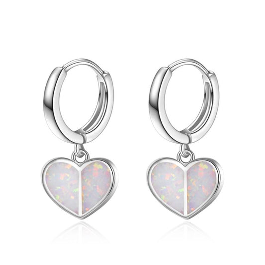 925 Sterling Silver Opal Heart Dangle Hoop Earrings For Women Girls
