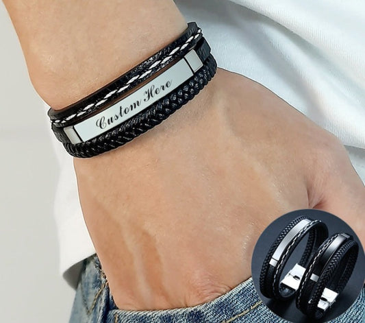 Glossy Stainless Steel Custom Leather Bracelets