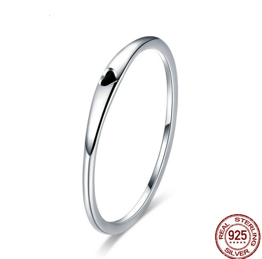Pure Silver Ring for Women Simple Black Heart Engraved