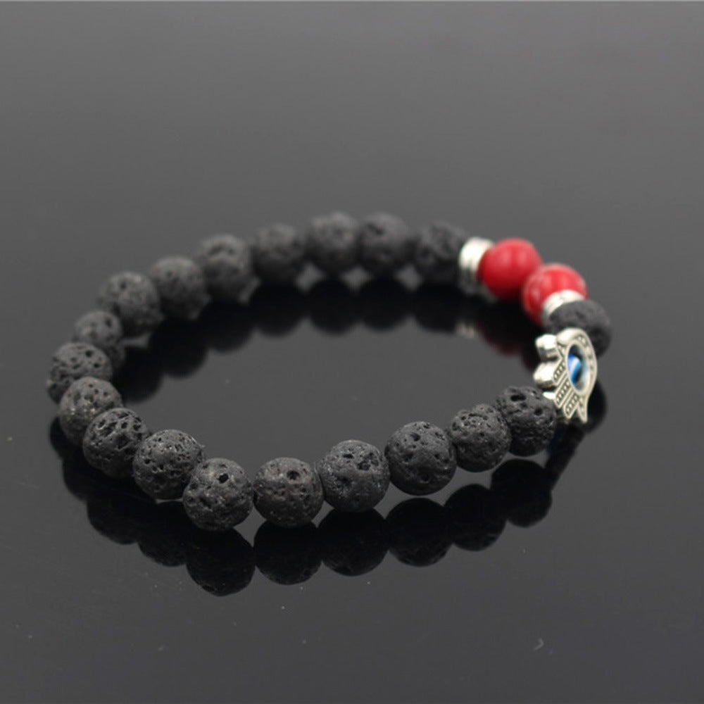 Lava Volcanic Stone Red Pine Beads Bracelet Hand Of Fatima