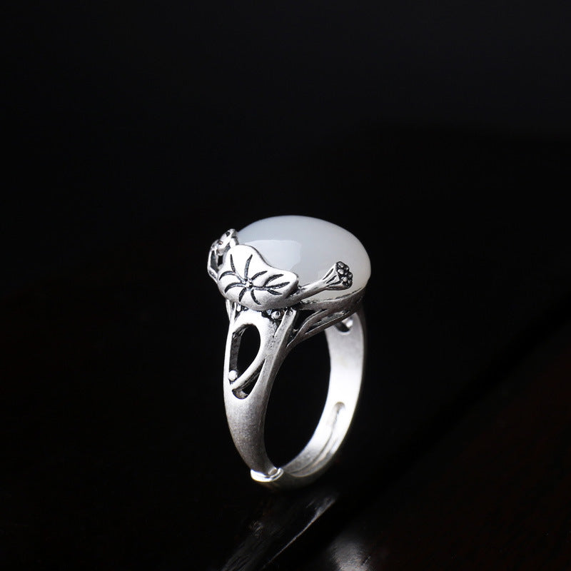 S990 Pure Silver Natural Hetian White Jade Retro Ethnic Style Lotus Leaf Flower Ring