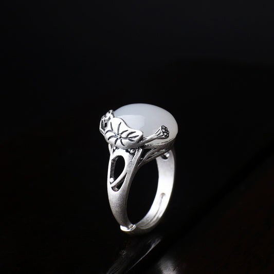S990 Pure Silver Natural Hetian White Jade Retro Ethnic Style Lotus Leaf Flower Ring