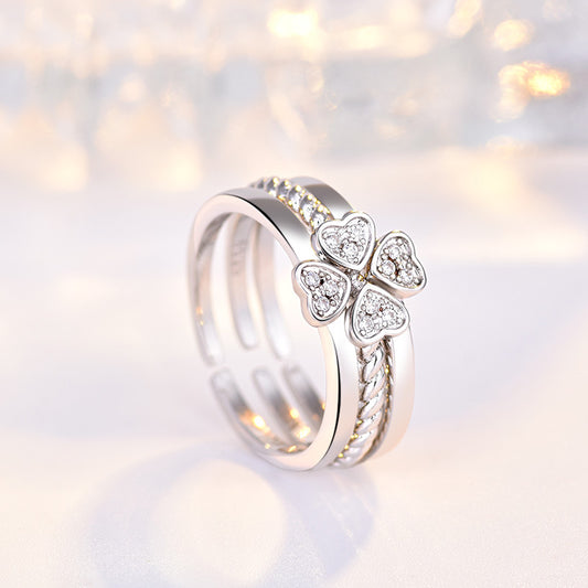 Adjustable Four-Leaf Clove white gold Ring silver