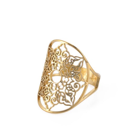 Vintage Stainless Steel Openwork Snow Petal Oval Ring