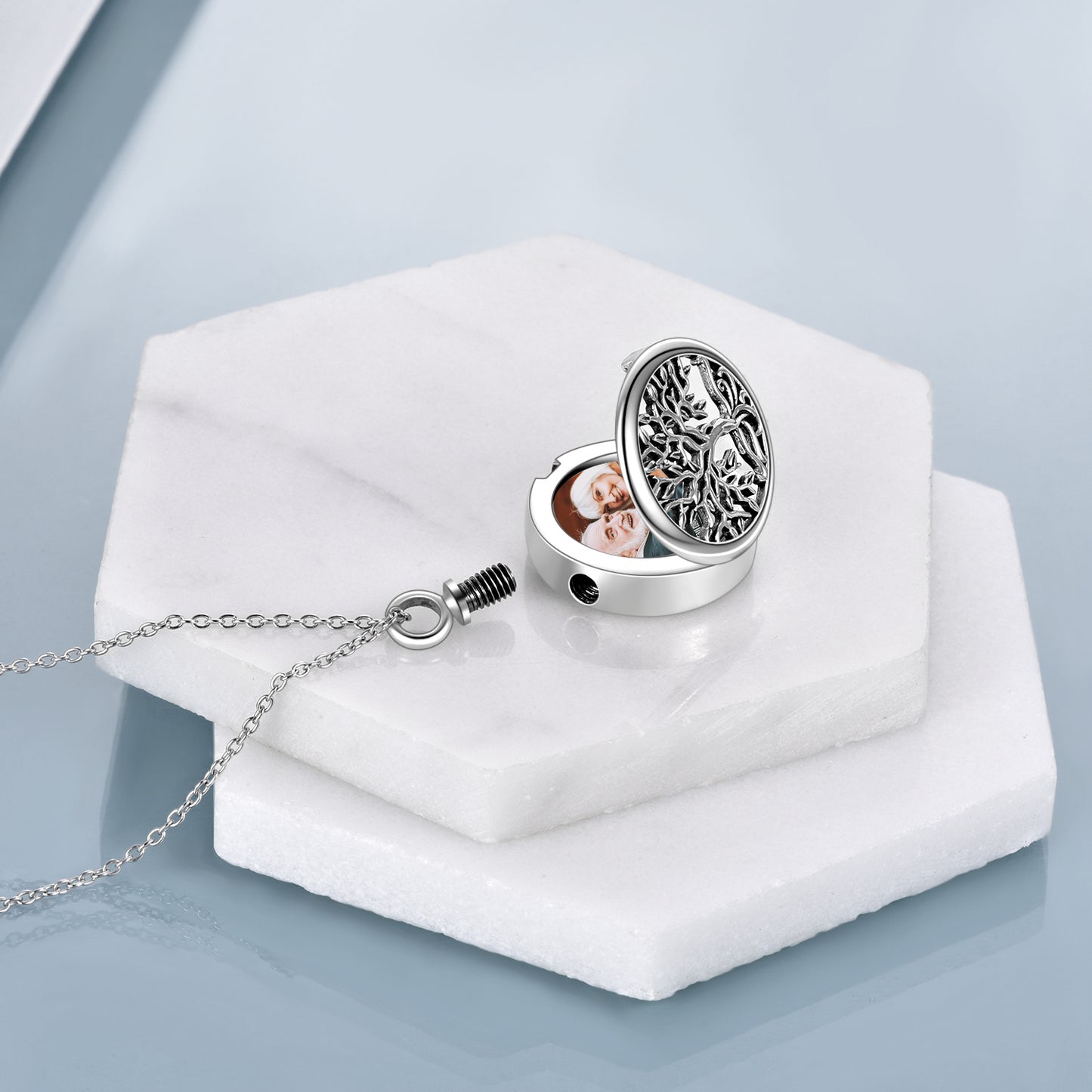Sterling Silver Retro Tree of Life Photo Locket Urn Necklace