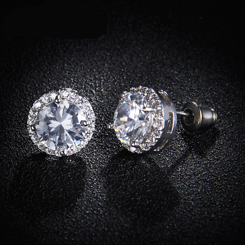 Round Sapphire Blue Red Stud Earrings AAA Zircon Inlaid Jewelry