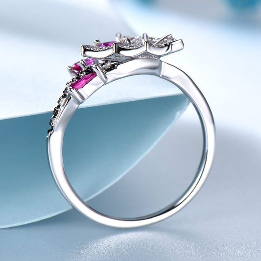 Unique Butterfly Ring With Rubies And Black Spar