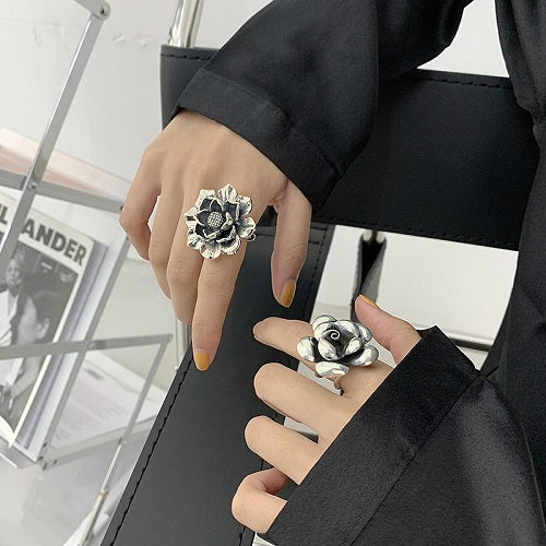 Women Sterling Silver Rings BLACK Exaggerated Flower Ring