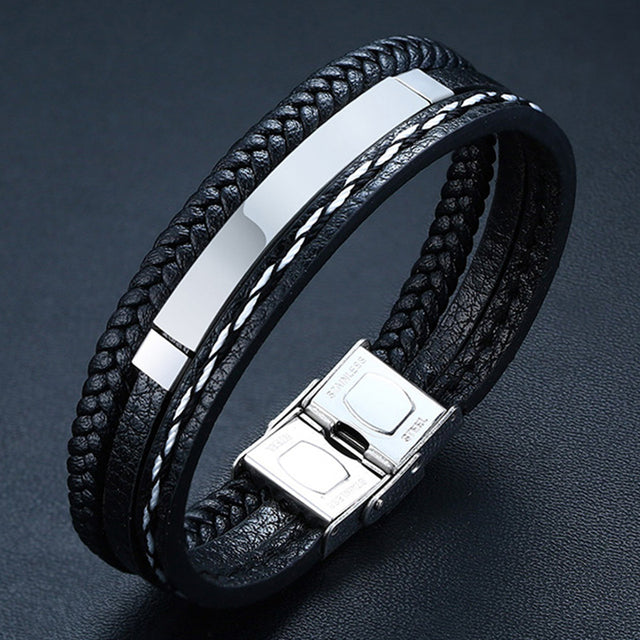 Glossy Stainless Steel Custom Leather Bracelets